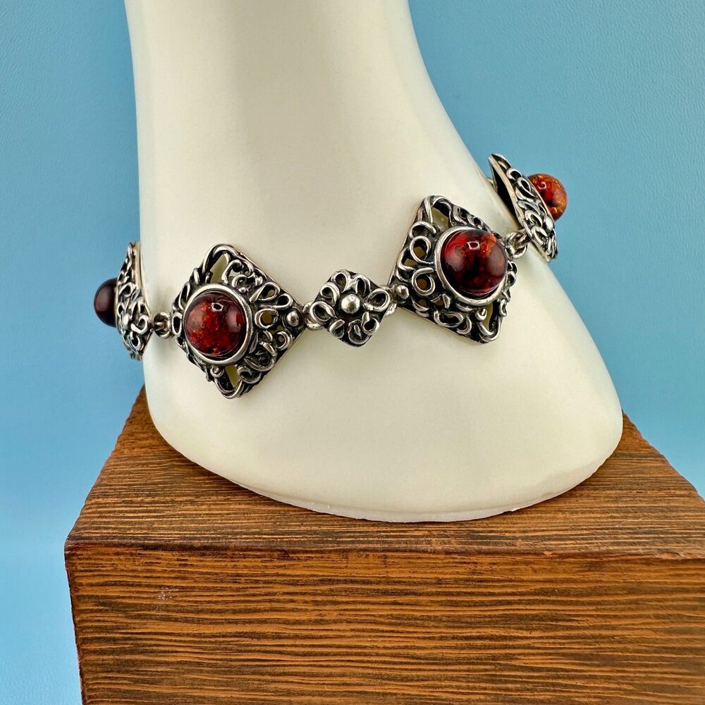 Vintage Sterling Silver Amber Bracelet Diamond Shape Filigree Floral Link Signed - Picture 2 of 16